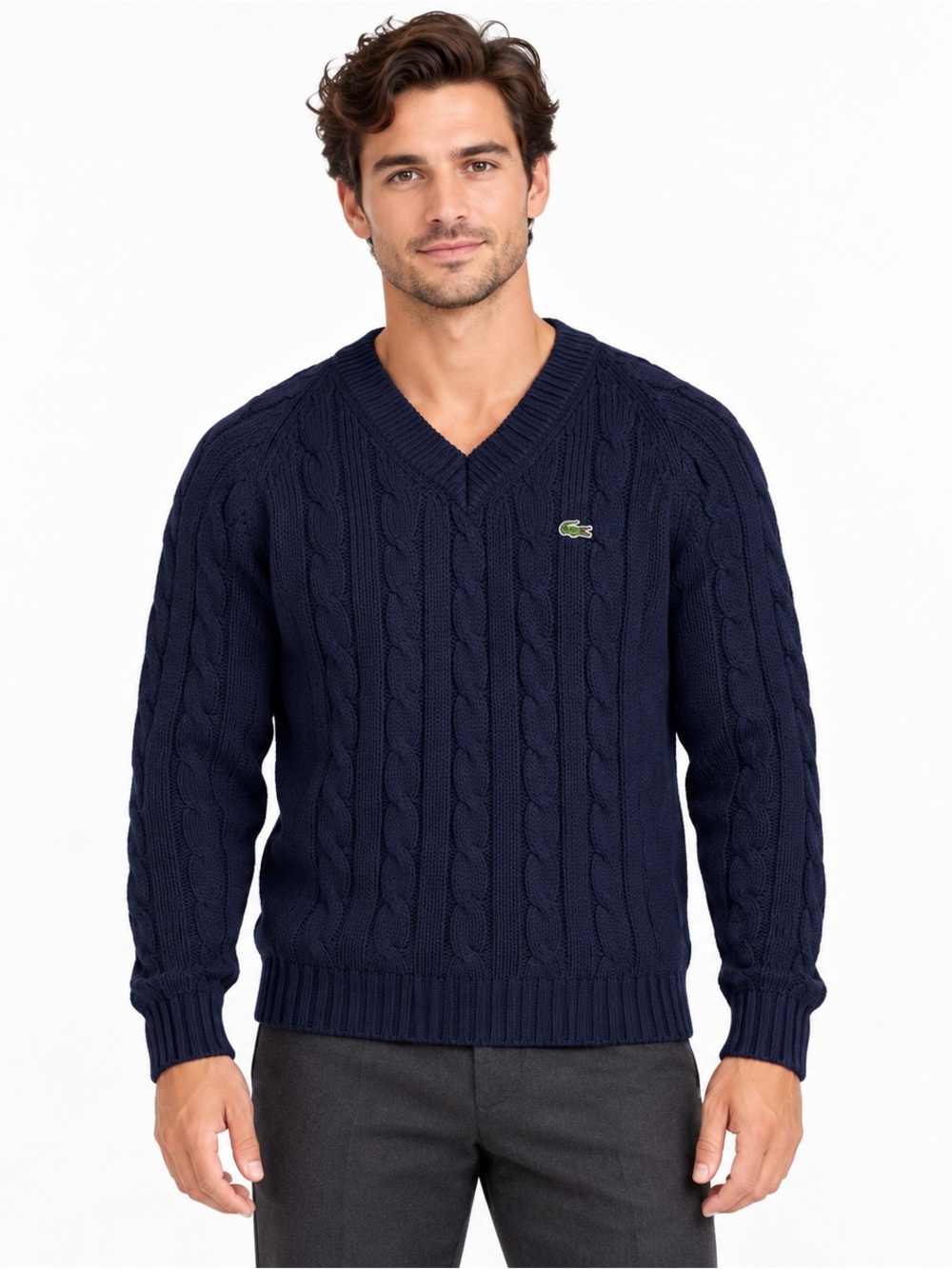 IZOD Lacoste Sweater Mens Medium Navy Blue Cable Knit V Neck Crocodile Logo